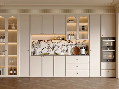Elegant Modern Beige Sideboard With Marble Countertop Strip Lighting Open Shelves Drawers And Oven 3d model