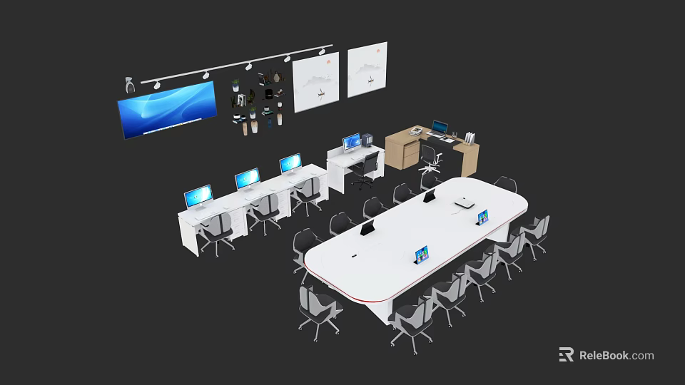 Modern Office Interior With Desks Laptops Whiteboards TV Screen And Ergonomic Chairs 3d model 