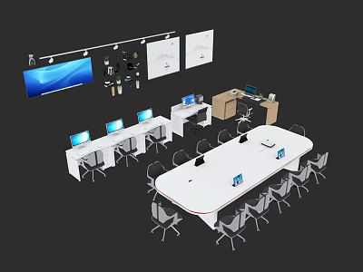 Modern Office Interior With Desks Laptops Whiteboards TV Screen And Ergonomic Chairs 3d model