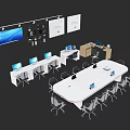 Modern Office Interior With Desks Laptops Whiteboards TV Screen And Ergonomic Chairs