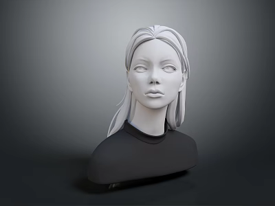 Woman 3D Model Bust with Long Hair and Black Top Against Gray Background 3d model