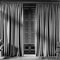 Black Curtains In Room With Window Blinds And Stuffed Bears Near Chair