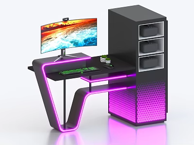 Modern Gaming Computer Desk With LED Monitor Green Backlit Keyboard Purple Lights And Storage Cabinet 3d model