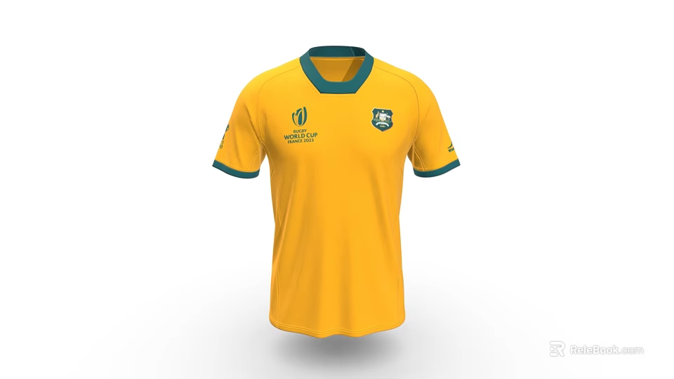 Yellow Sports Jersey With Green Collar Cuffs And World Cup Australia Logos 3d model 
