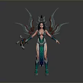 Fantasy Woman Character With Elaborate Wings Green Blue Outfit And Decorative Weapon
