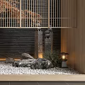 Indoor Landscape With Wooden Lattice Black Wall Orange Red Tree Stones White Pebbles And Lantern