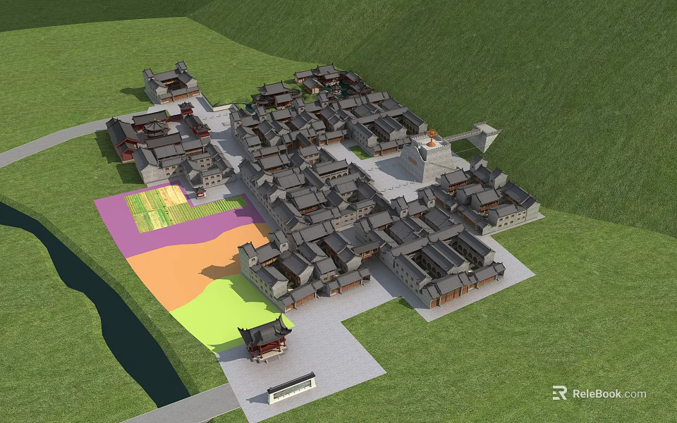 Aerial View of Ancient Architecture Village Layout with Green Surroundings and Colorful Plots 3d model 