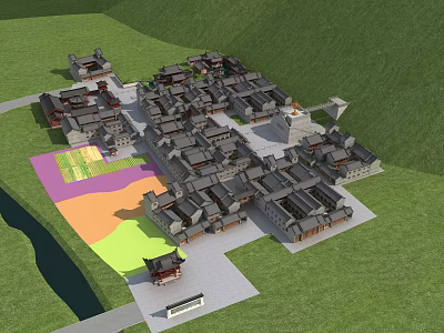 Aerial View of Ancient Architecture Village Layout with Green Surroundings and Colorful Plots 3d model