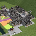 Aerial View of Ancient Architecture Village Layout with Green Surroundings and Colorful Plots