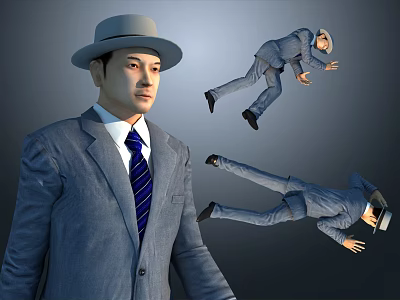 Man in Gray Suit With Blue Striped Tie and Gray Hat in Multiple Poses 3d model