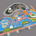 Colorful Children's Play Area With Slides Circular Structures And Various Play Zones
