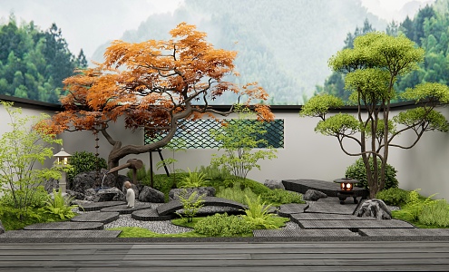 New Chinese Courtyard Landscape Slab Lu Ting Step Landscape Stone Red Maple Plant Combination Plant Pile Water Pot Waterscape Rain Chain 3d model