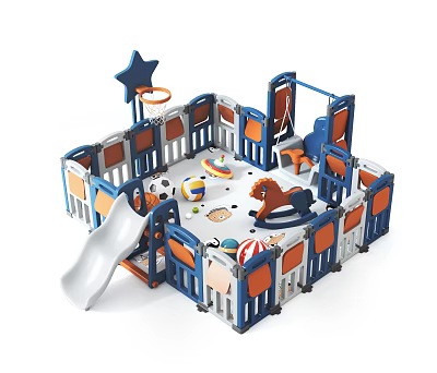 Safe Children's Playpen With Slide Rocking Horse Basketball Hoop And Colorful Balls 3d model
