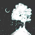 Microlandscape With Orange Leaved Tree Crescent Moon Stars Falling Leaves On White Ground