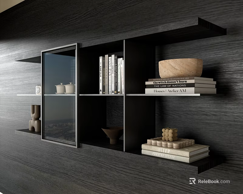 Black Open Wall Mounted Bookshelf With Books Bowl And Decorative Items On Wooden Wall 3d model 