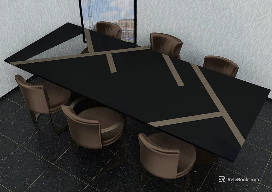 Elegant Modern Black Conference Table Featuring Cross Brown Stripes And Brown Chairs 3d model 