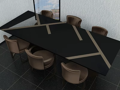 Elegant Modern Black Conference Table Featuring Cross Brown Stripes And Brown Chairs 3d model