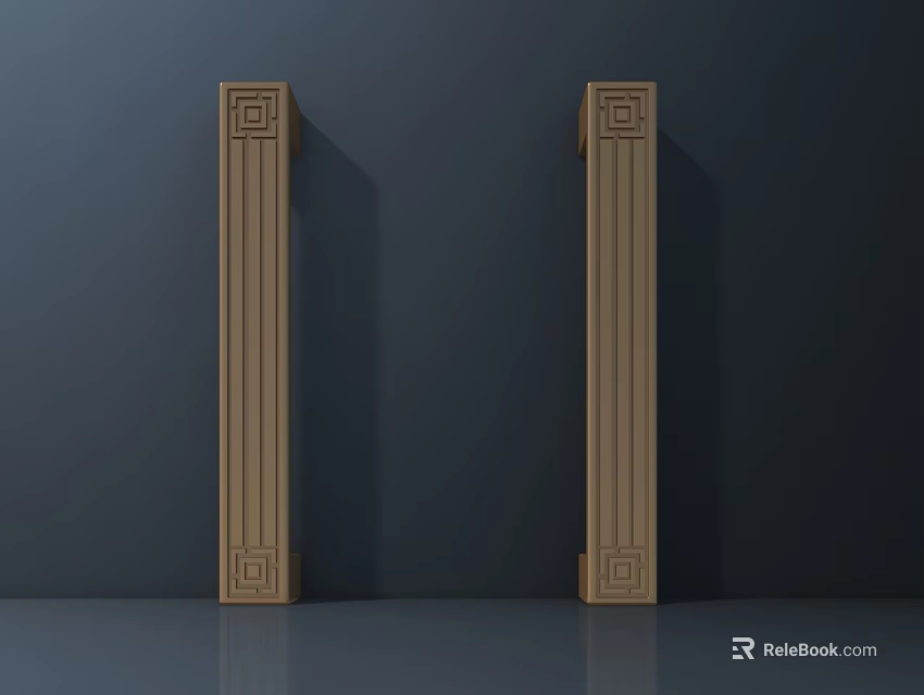 Wooden Roman Columns With Decorative Square Patterns Against Dark Wall Smooth Floor 3d model 