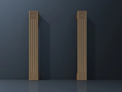 Wooden Roman Columns With Decorative Square Patterns Against Dark Wall Smooth Floor 3d model