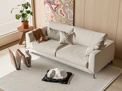 Modern Light Beige Double Sofa with Cushions Wooden Wall Abstract Painting and Potted Plant 3d model