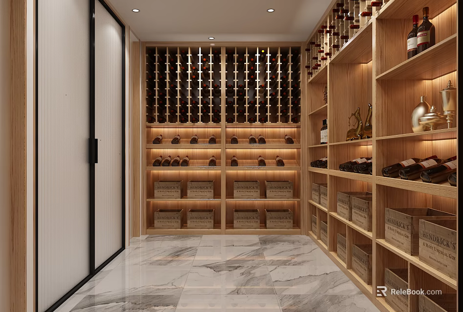 Wine Cellar Interior With Wooden Racks Neatly Arranged Wine Bottles And Crates On Marble Floor 3d model 