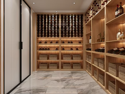 Wine Cellar Interior With Wooden Racks Neatly Arranged Wine Bottles And Crates On Marble Floor 3d model