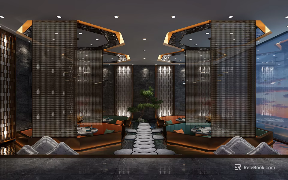 Elegant Modern Restaurant Interior With Geometric Partitions Ceiling Lighting Upholstered Seating And Stone Pathway 3d model 