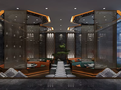 Elegant Modern Restaurant Interior With Geometric Partitions Ceiling Lighting Upholstered Seating And Stone Pathway 3d model