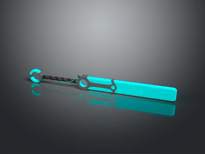 Turquoise Weapon 3D Model With Black Handle Long Blade And Shiny Reflection On Dark Background 3d model