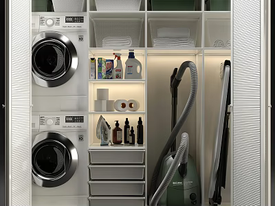 Modern Bathroom Cabinet Rack with Washing Machine Dryer Cleaning Supplies and Storage Drawers 3d model
