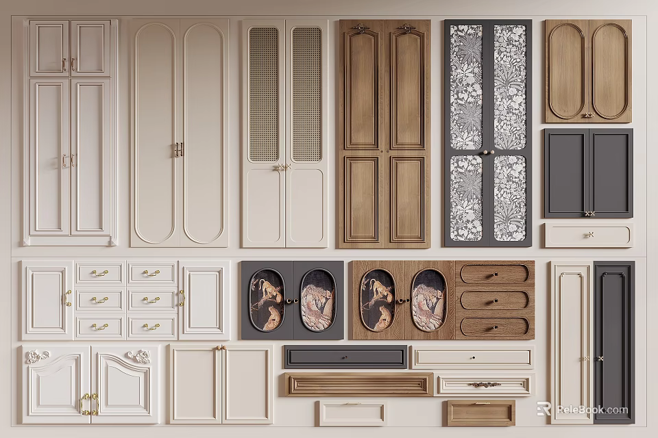 Multiple Cabinet Door And Drawer Designs Showcasing Wooden White And Patterned Styles 3d model 