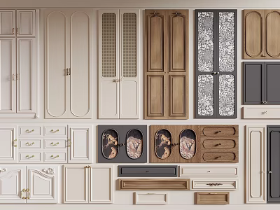 Multiple Cabinet Door And Drawer Designs Showcasing Wooden White And Patterned Styles 3d model