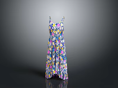 Women's Colorful Floral Print Long Dress With Spaghetti Straps And Lightweight Fabric 3d model