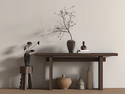 Rustic Wooden Console Table with Ceramic Vases Dried Branches Books and Earthenware Pots 3d model