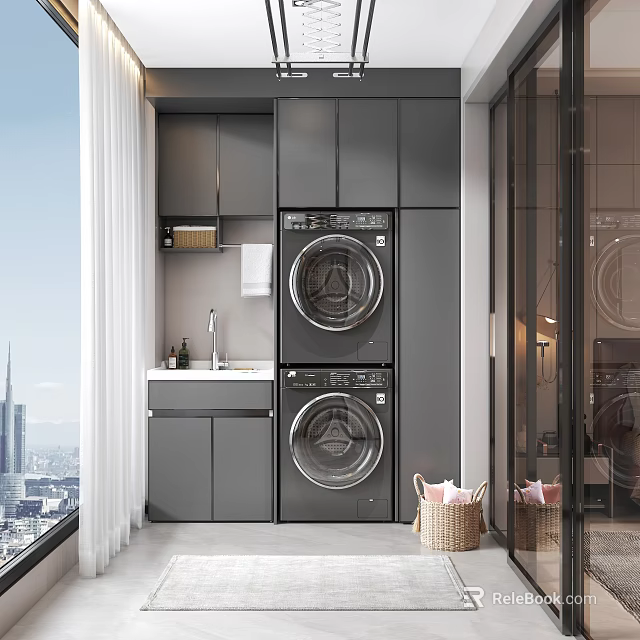 Modern Home Balcony With Stacked Washing Machine Dryer Grey Cabinets And City View 3d model 