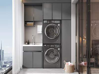 Modern Home Balcony With Stacked Washing Machine Dryer Grey Cabinets And City View 3d model