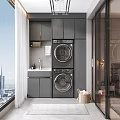 Modern Home Balcony With Stacked Washing Machine Dryer Grey Cabinets And City View