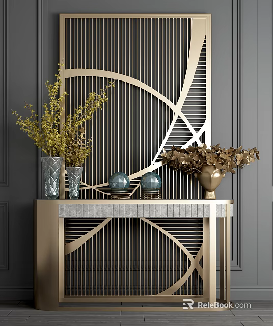 Modern Console Table with Golden Geometric Lattice Screen Vases and Decorative Plants on Marble Top 3d model 
