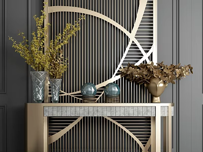 Modern Console Table with Golden Geometric Lattice Screen Vases and Decorative Plants on Marble Top 3d model