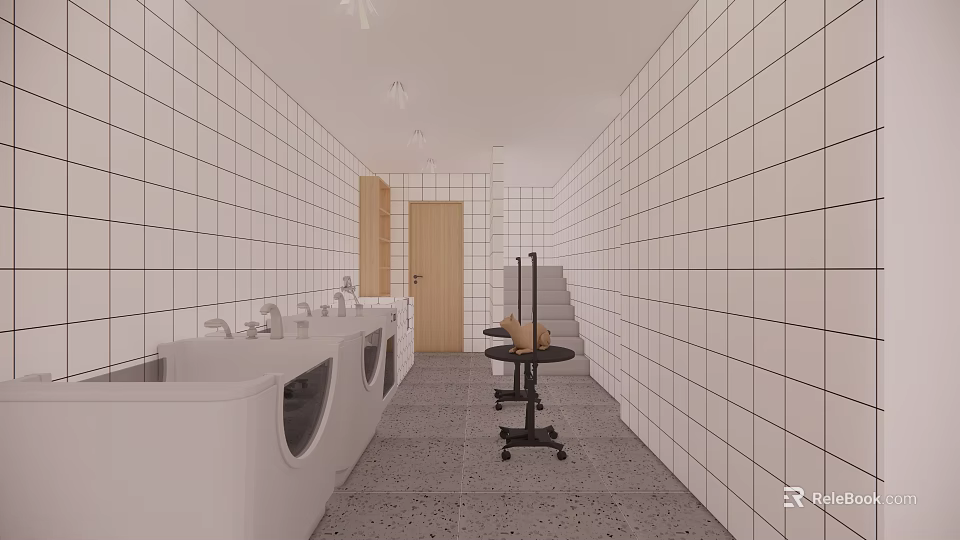 Modern Mall Store Interior With White Tiled Walls Sinks Cart Door And Steps 3d model 