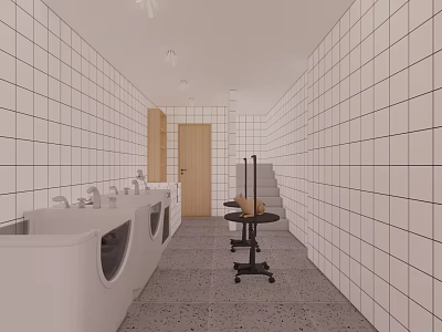 Modern Mall Store Interior With White Tiled Walls Sinks Cart Door And Steps 3d model