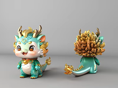 Cute Cartoon Dragon Character With Turquoise Body And Golden Mane Front Back View Decorative Details 3d model