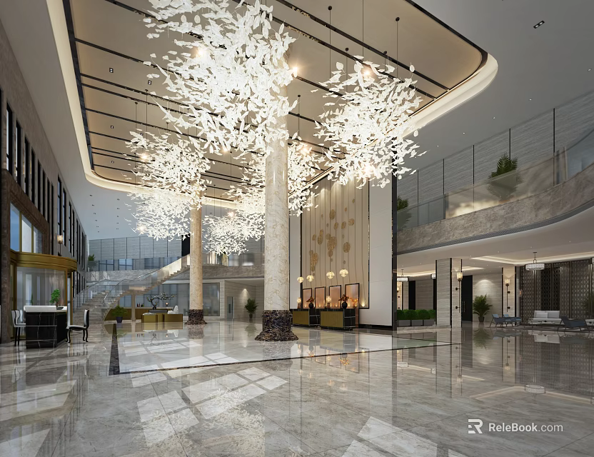 Modern Luxurious Hotel Lobby With Crystal Chandeliers Spacious Interior And Marble Floor 3d model 
