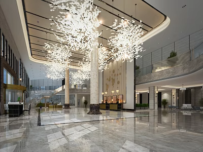 Modern Luxurious Hotel Lobby With Crystal Chandeliers Spacious Interior And Marble Floor 3d model