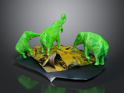 Three Green Elephant Sculptures On Yellow Brown Textured Base Art Piece 3d model