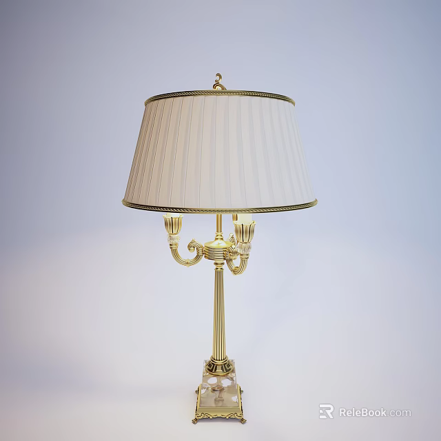 Classic Gold Table Lamp With White Striped Lampshade And Ornate Decorative Body 3d model 