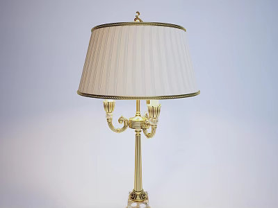 Classic Gold Table Lamp With White Striped Lampshade And Ornate Decorative Body 3d model