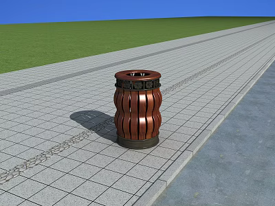 Outdoor Public Trash Can With Striped Design On Gray Tiled Sidewalk Near Green Grass And Blue Sky 3d model
