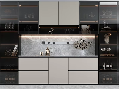 Modern Wine Cabinet Design Featuring Glass Doors LED Lighting And Decorative Shelves 3d model