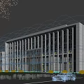 Modern Office Building Exterior With Glass Curtain Walls Trees Grassy Area Pedestrians And Parked Car